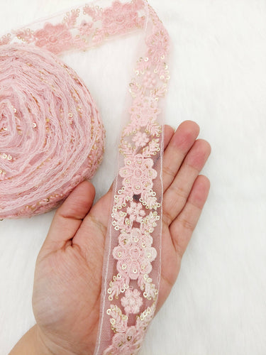 Soft Net Lace Trim Floral Embroidery and Sequins, Floral Sari Border, Decorative Trim